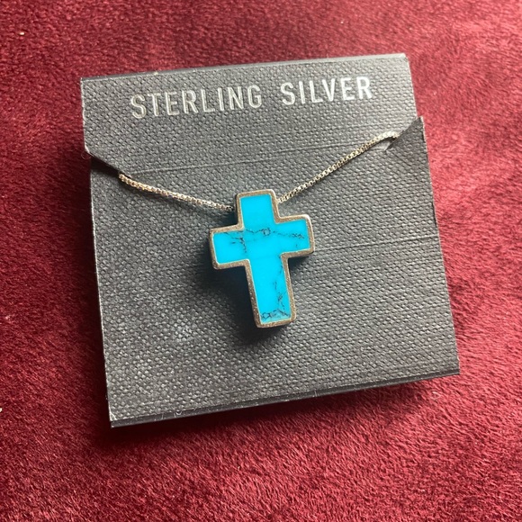 Jewelry - Sterling Silver 925 Stamped Cross Necklace Turquoise Color
